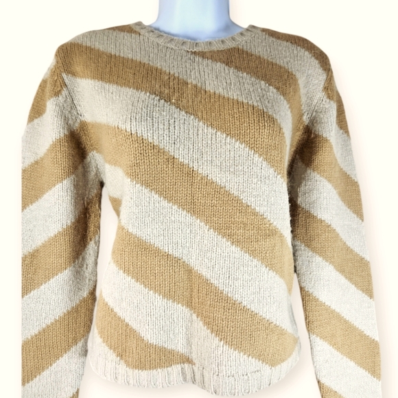 Banana Republic tan cream striped Lambswool Angora cropped sweater Womens Medium - Picture 1 of 5